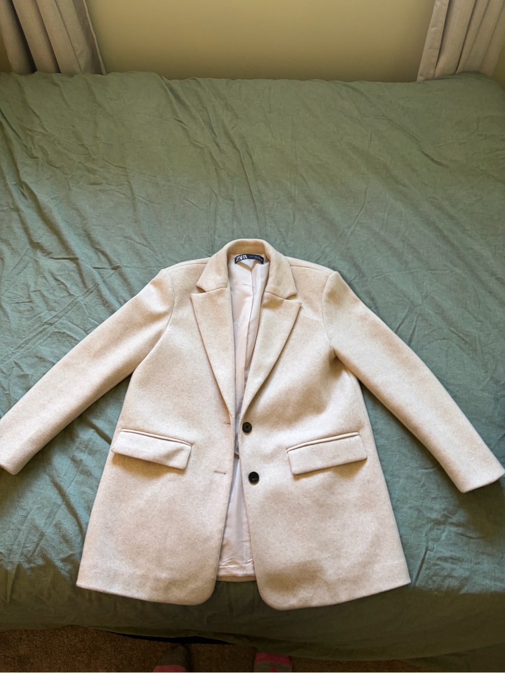 Zara Cream Single-Breasted Wool-Blend Pea Coat